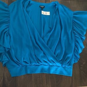 Express deep teal V-Neck Smocked butterfly sleeve blouse large NWT